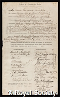 Tennent, Sir James Emerson: certificate of election to the Royal Society