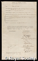 Field, Frederick: certificate of election to the Royal Society