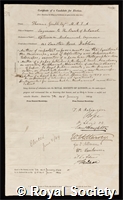 Grubb, Thomas: certificate of election to the Royal Society