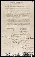 Dalrymple Hay, Sir John Charles: certificate of election to the Royal Society