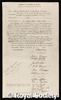 Christy, Henry: certificate of election to the Royal Society