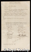 Kaye, Sir John William: certificate of election to the Royal Society