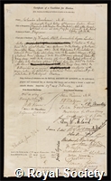 Murchison, Charles: certificate of election to the Royal Society