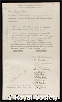 Watts, Henry: certificate of election to the Royal Society