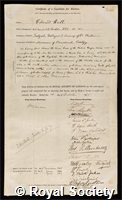 Hull, Edward: certificate of election to the Royal Society