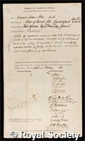 Stone, Edward James: certificate of election to the Royal Society