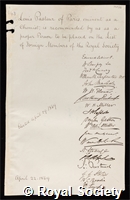 Pasteur, Louis: certificate of election to the Royal Society