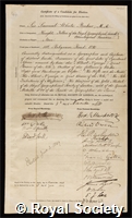 Baker, Sir Samuel White: certificate of election to the Royal Society