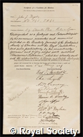 Bigsby, John Jeremiah: certificate of election to the Royal Society