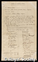 Esson, William: certificate of election to the Royal Society
