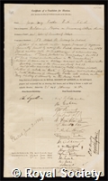 Foster, George Carey: certificate of election to the Royal Society