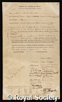Reynolds, Sir John Russell: certificate of election to the Royal Society