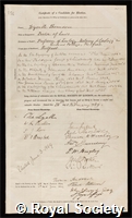 Thomson, Sir Wyville Thomas Charles: certificate of election to the Royal Society