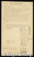 Thomas, Edward: certificate of election to the Royal Society