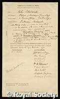 Cleland, John: certificate of election to the Royal Society