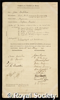 Beddoe, John: certificate of election to the Royal Society