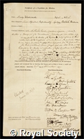 Woodward, Henry: certificate of election to the Royal Society