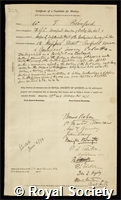 Blanford, William Thomas: certificate of election to the Royal Society