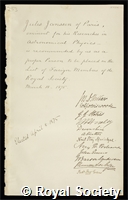 Janssen, Pierre Jules Cesar: certificate of election to the Royal Society
