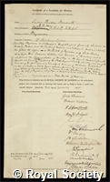 Bennett, Sir James Risdon: certificate of election to the Royal Society