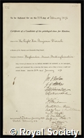 Disraeli, Benjamin, 1st Earl of Beaconsfield: certificate of election to the Royal Society