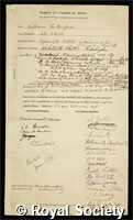Rutherford; William: certificate of election to the Royal Society