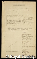 Reynolds, Osborne: certificate of election to the Royal Society
