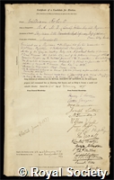 Roberts, Sir William: certificate of election to the Royal Society