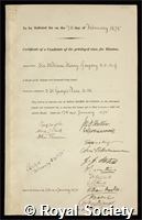 Gregory, Sir William Henry: certificate of election to the Royal Society