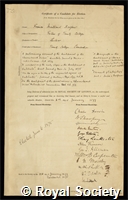 Balfour, Francis Maitland: certificate of election to the Royal Society