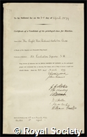 Cross, Richard Assheton, 1st Viscount Cross: certificate of election to the Royal Society
