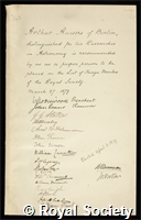 Auwers, Arthur: certificate of election to the Royal Society