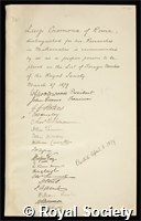 Cremona, Luigi: certificate of election to the Royal Society