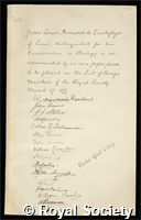 Breau, Jean Louis Armand de Quatrefages de: certificate of election to the Royal Society