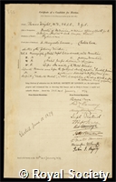 Wright, Thomas: certificate of election to the Royal Society