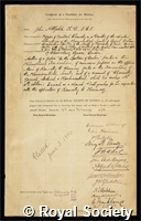 Attfield, John: certificate of election to the Royal Society