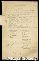 Jeffery, Henry Martyn: certificate of election to the Royal Society
