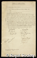 Niven, Charles: certificate of election to the Royal Society