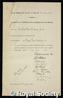 Jessel, Sir George: certificate of election to the Royal Society