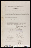 Duff, Sir Mountstuart Elphinstone Grant : certificate of election to the Royal Society