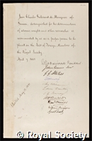 Marignac, Jean Charles Gallisard de: certificate of election to the Royal Society