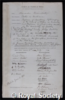 Macalister, Alexander: certificate of election to the Royal Society