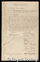 Stoney, Bindon Blood: certificate of election to the Royal Society