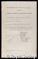 Bramwell, George William Wilshere, Baron Bramwell: certificate of election to the Royal Society