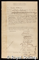 Hutchinson, Sir Jonathan: certificate of election to the Royal Society