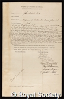 Malet, John Christian: certificate of election to the Royal Society