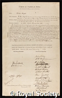 Flight, Walter: certificate of election to the Royal Society