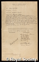 Warington, Robert: certificate of election to the Royal Society