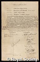 Wharton, Sir William James Lloyd: certificate of election to the Royal Society