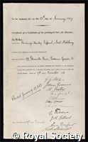 Giffard, Hardinge Stanley, 1st Earl of Halsbury: certificate of election to the Royal Society